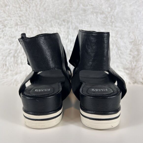 Eileen Fisher  Spree Sandal 9 1/2 Black Leather Flat Stretch Strap Closet Staple - Picture 4 of 9